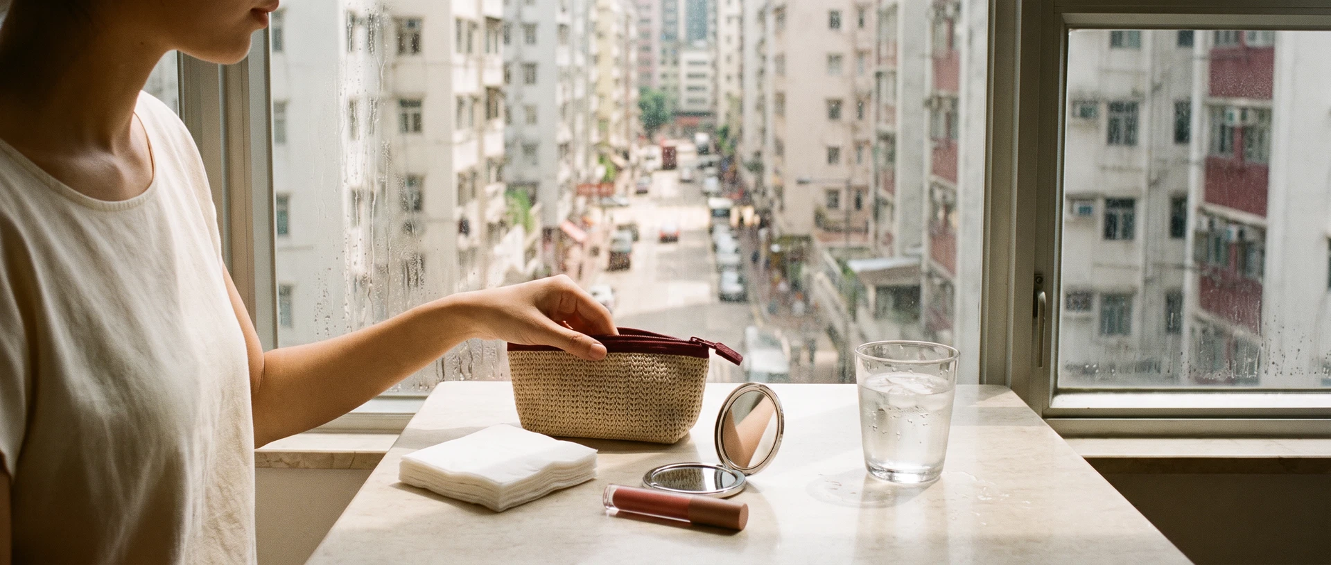 香港夏天補妝:由地鐵、冷氣房到晚飯的三步補妝節奏 editorial visual